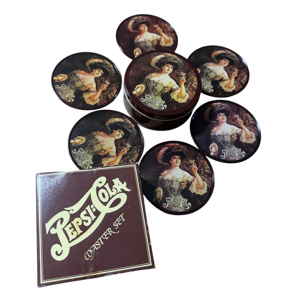 Vintage Pepsi Cola Bar Maiden Coaster Set 6 With Tin Holder Original Box